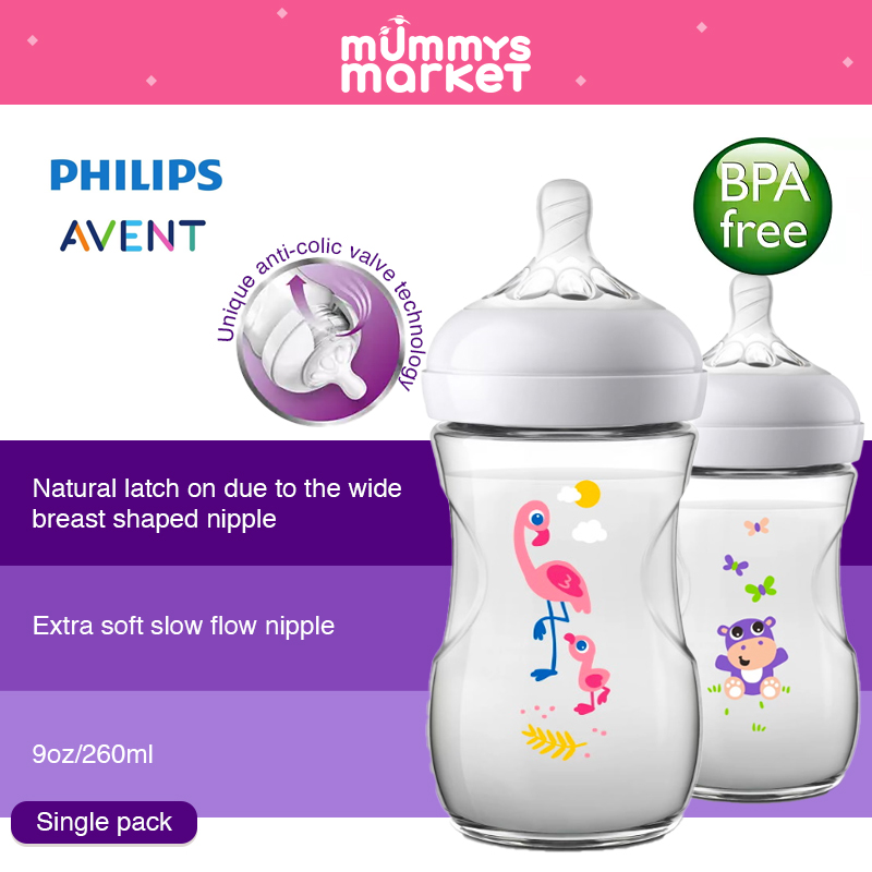 Philips Avent 260ml PP Natural Bottle (Single Pack) Flamingo/Hippo (SCF627/41-42)